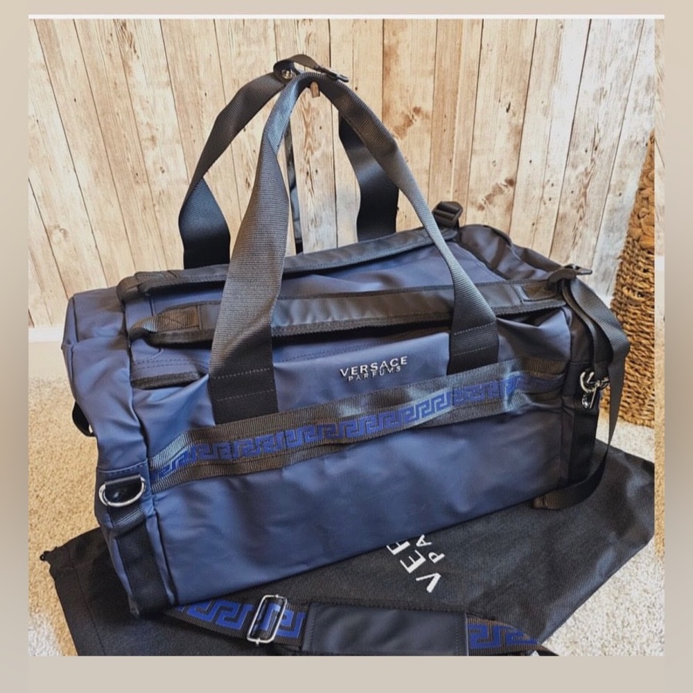 Versace Parfums Duffle Bag Blue Backpack Faux Leather Gym Weekender Travel Bag